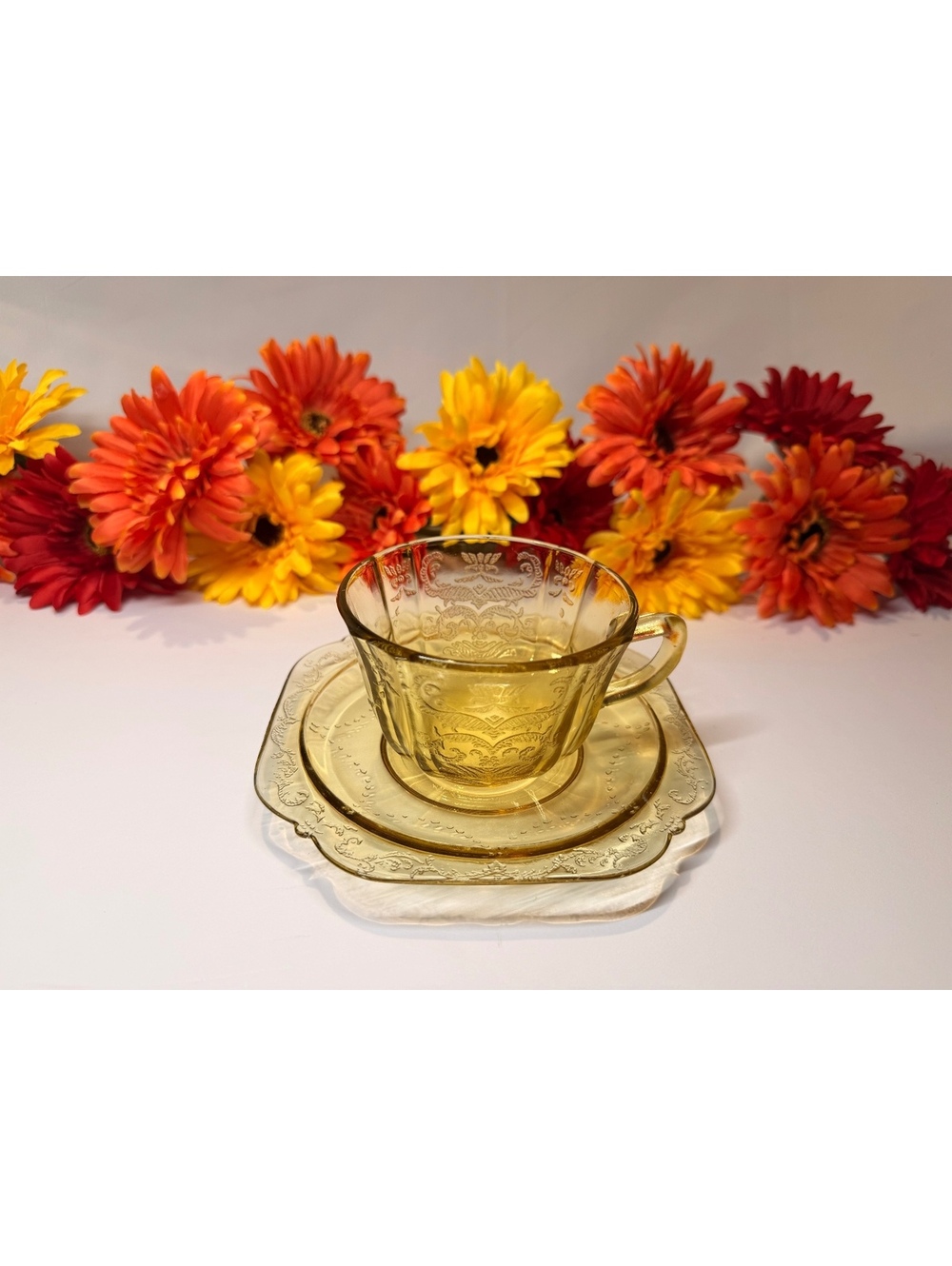 Federal Glass Madrid Amber Depression Glass Coffee Cup & Saucer Vintage